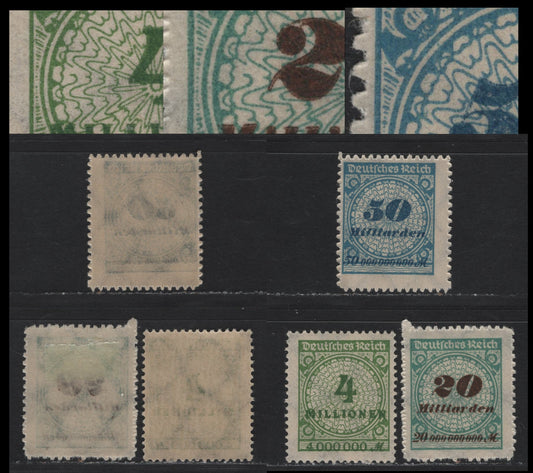 Lot 216 Germany SC#284var, 308var, 309var (316APHT, 329BPHT, 330BPHT) 4milm - 50mlrd Yellow Green - Blue & Deep Blue , 1923 Numeral & Rosette Issue, 3 FNH Singles, Flat Plate Printings, All With Broken Shading In Rosette, A Constant Variety.