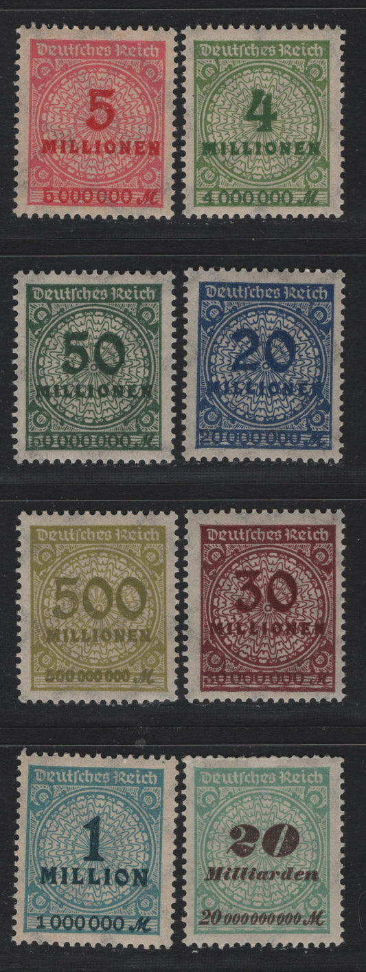 Lot 217 Germany SC#284c, 281b, 285a, 287a, 289d, 288, 293, 298a (314AW, 316AW, 317AW, 319AW, 320AW, 321AW, 324AW, 329AW) 1mill - 20mlrd Greenish Blue - Green & Brown , 1923 Numeral & Rosette Issue, 8 F/VFNH Singles, Rotary Press Printings
