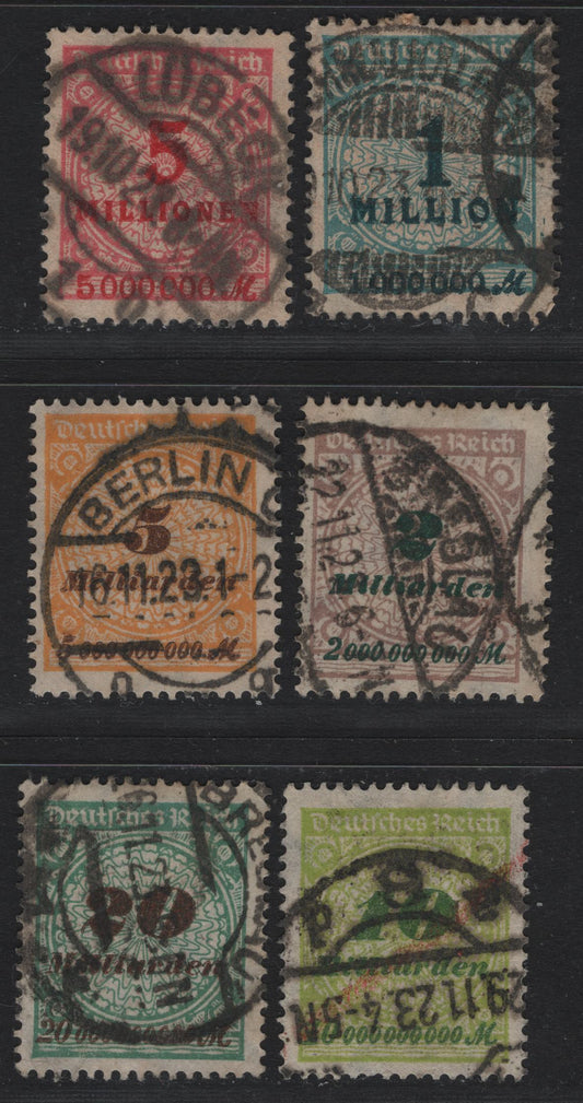 Lot 218 Germany SC#281b, 285a, 295a-296a, 297b, 298a (314AW, 317AW, 326AW, 327AW, 328AW, 329AW) 1mill - 20mlrd Greenish Blue - Bluish Green & Brown , 1923 Numeral & Rosette Issue, 6 Fine/Very Fine Used Singles, Rotary Press Printings, All Postally Used