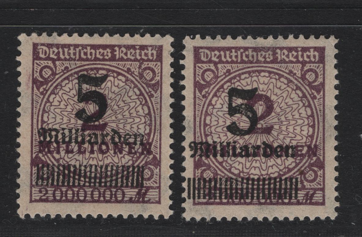Lot 219 Germany SC#311,c (332Awb, 332AWA) 5mlrd on 2mil Dark Gray Purple & Blackish Brown Violet , 1923 Final Surcharges Prior To Currency Revaluation Issue, 2 VFOG Singles, Both Listed Shades