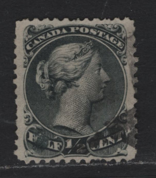 Lot 22 Canada #21vi 1/2c Black , 1868-1876 Large Queen Issue, A Fine Used Single, Paper FO-N (Bothwell), Dominion Bazaar Toronto Stamp CA Dealer Backstamp, A Couple Short & Trimmed Perfs But Otherwise Well Centered.