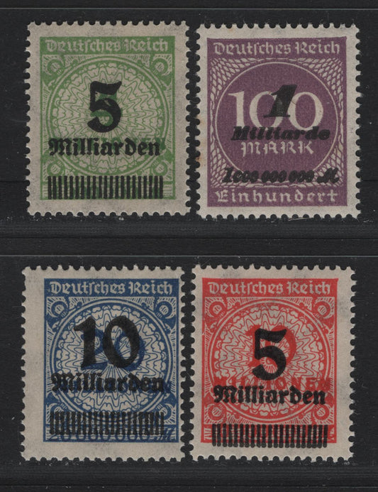 Lot 220A Germany SC#310, 312-314 (331b, 333AW, 334AP, 335APa) 1mlrd on 100m - 10mlrd on 20mill Violet - Dark Blue , 1923 Final Surcharges Prior To Currency Revaluation Issue, 4 F/VFNH Singles