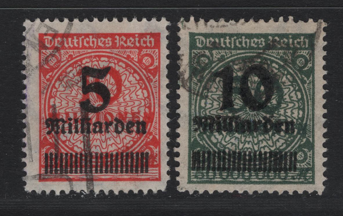 Lot 221 Germany SC#313, 315c (334AP, 336Wa) 5mlrd on 10m - 10mlrd on 50m Orange - Deep Olive Green , 1923 Final Surcharged Issue, 2 Fine/Very Fine Used Singles, Postally Used, BPP Guarantee Hand Stamps