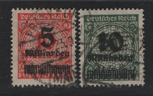 Lot 222 Germany SC#313, 315c (334AP, 336Wa) 5mlrd on 10m - 10mlrd on 50m Orange - Deep Olive Green , 1923 Final Surcharged Issue, 2 Fine/Very Fine Used Singles, Postally Used, As Lot 221 But Without Guarantee Handstamps