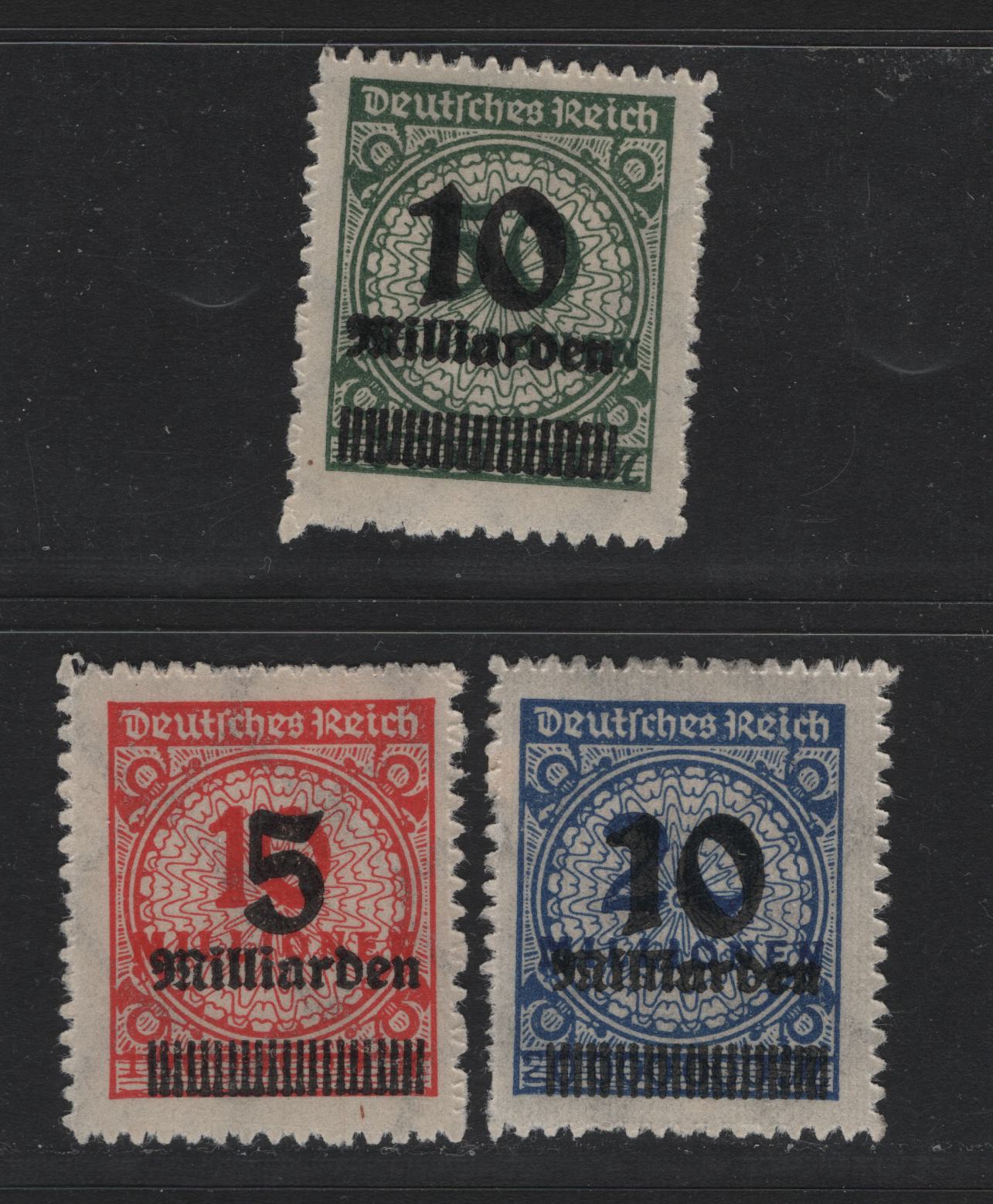 Lot 223 Germany SC#319-321 (334BP, 335BP, 336BP) 5mld on 10m - 10mlrd on 50m Orange - Dark Olive Green , 1923 Final Surcharged Issue, 3 FOG Singles, Serrate Roulette Stamps