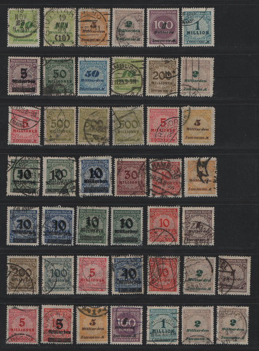 Lot 224 Germany SC#280/321 (314AP/336BP) 500th - 10mld on 50m Brown - Deep Olive Green , 1923 Final Surcharged Issue, 44 Fine/Very Fine Used Singles, Posthumous, CTO Or Forged Cancels, Ideal For Building A Reference Collection