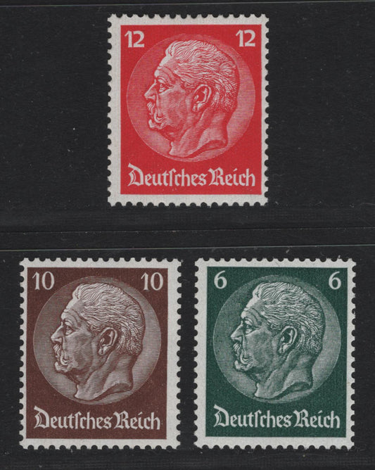 Lot 227 Germany (C) SC#403, 405-406 (484, 486-487) 6pf - 12pf Dark Green - Deep Carmine , 1933 Hindenburg Issue, 2 FNH Singles, Network Wmk