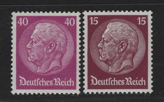 Lot 228 Germany (C) SC#407, 410 (488, 491) 15pf - 40pf Maroon - Red Violet , 1933 Hindenburg Issue, 2 VFNH Singles, Network Wmk