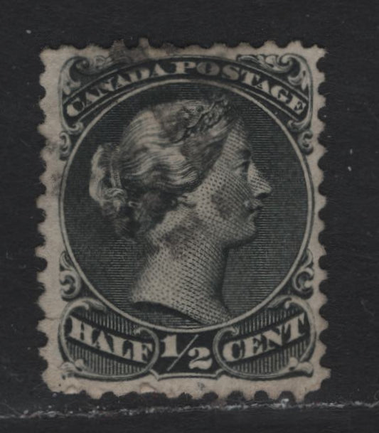 Lot 23 Canada #21a 1/2c Black , 1868-1876 Large Queen Issue, A Fine Used Single, Mid Montreal Printing, MM-D Paper, Perf 11.6x12.