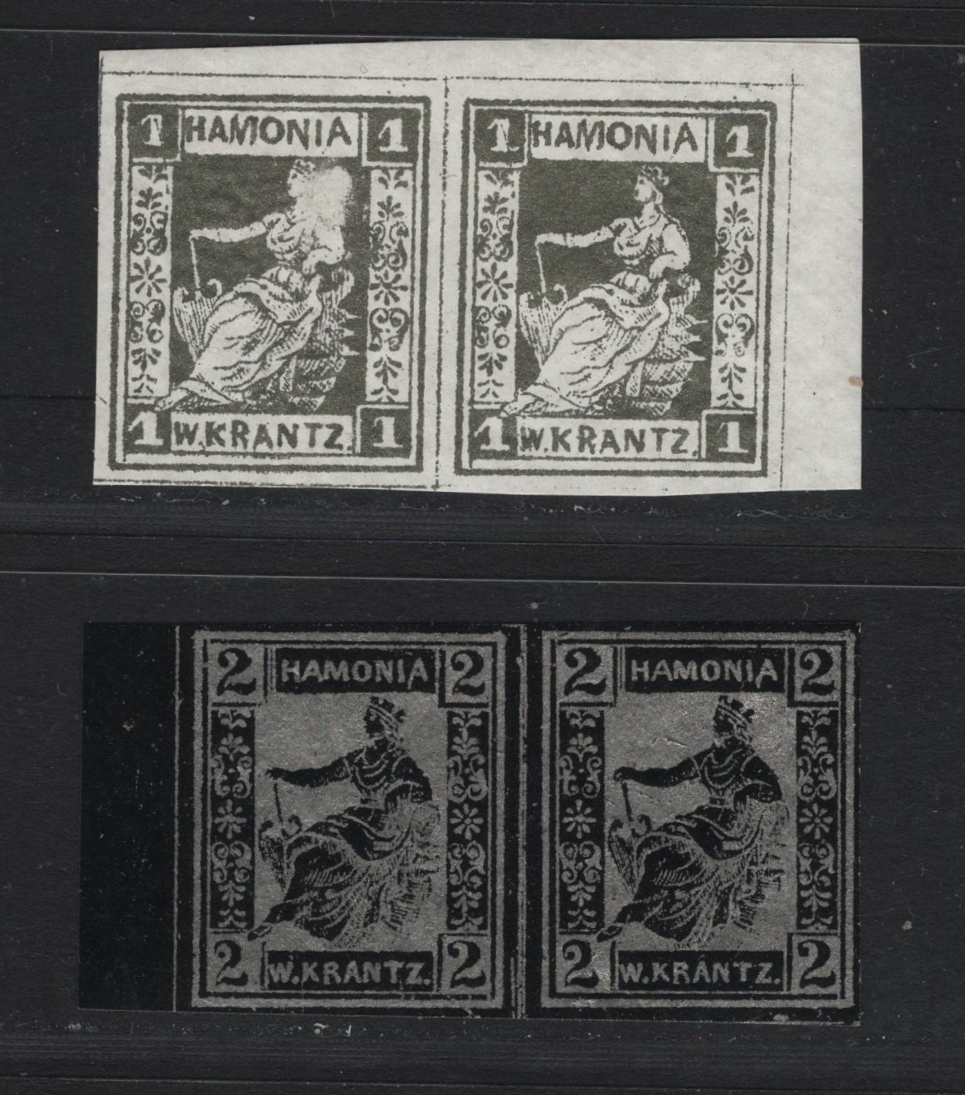 Lot 234 Germany - Hamburg (C) SC#   , 1863 Hamburg Private Local Post, 2 VFNH Pairs, W Krante Inscription, Printed In Silver On White & Silver On Black