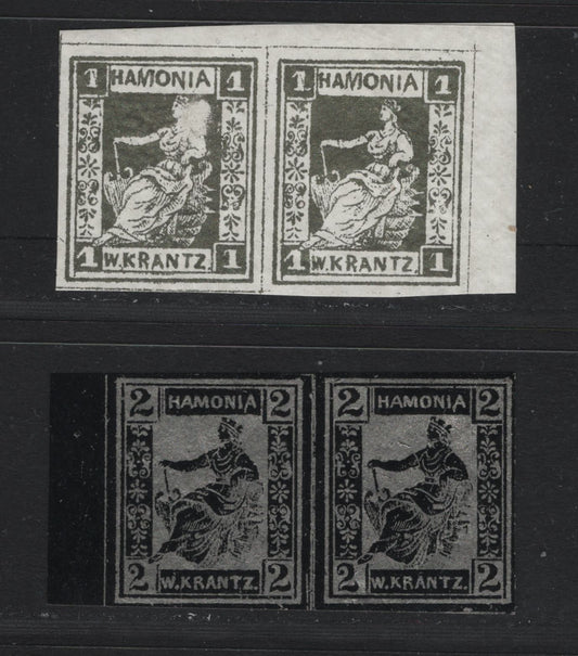 Lot 234 Germany - Hamburg (C) SC#   , 1863 Hamburg Private Local Post, 2 VFNH Pairs, W Krante Inscription, Printed In Silver On White & Silver On Black