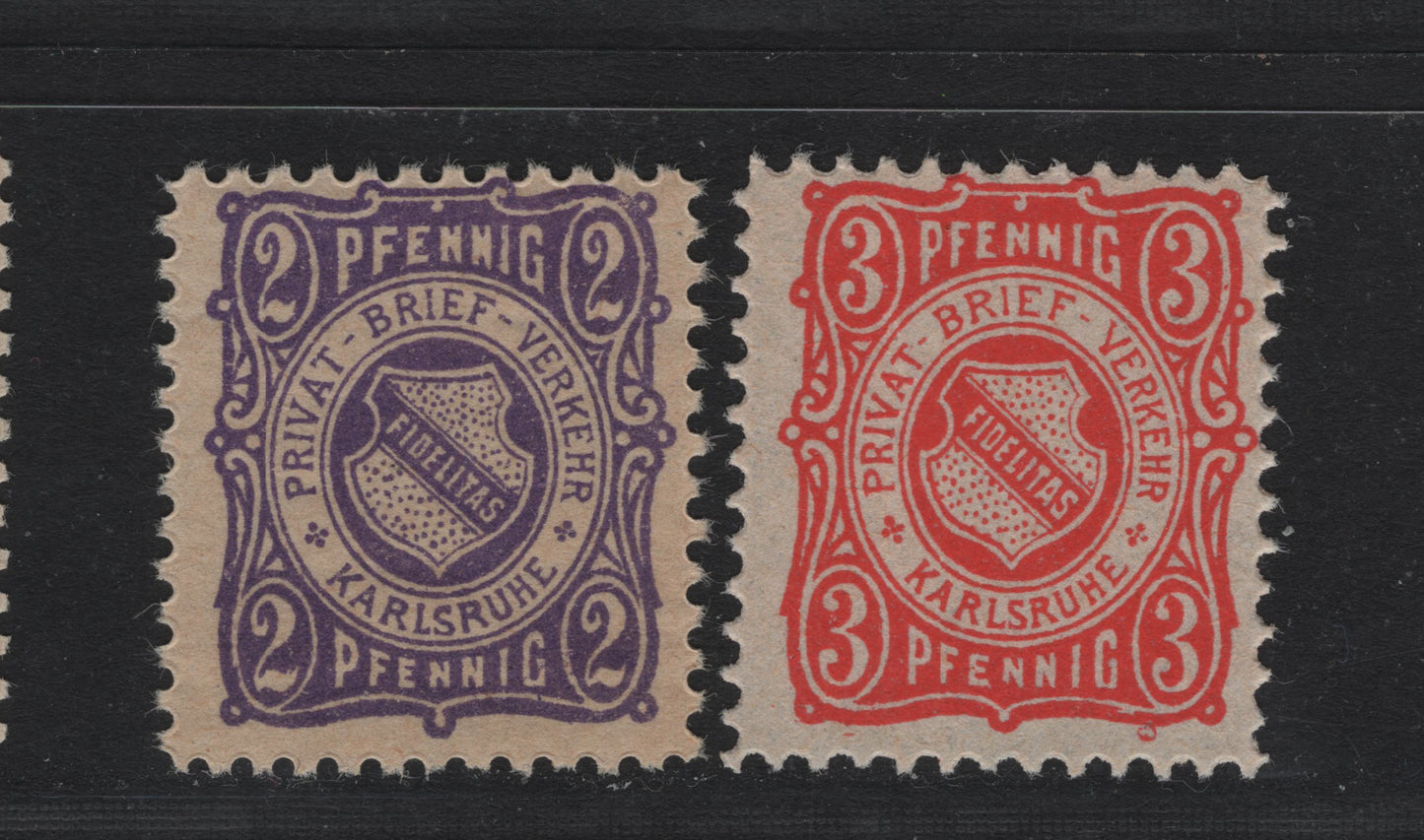 Lot 239 Germany - Karlsruhe (C) SC# 3pf - 2pf Vermillion - Lilac , 1887 Fidelitas Private Post Local Issue, 2 FNH Singles