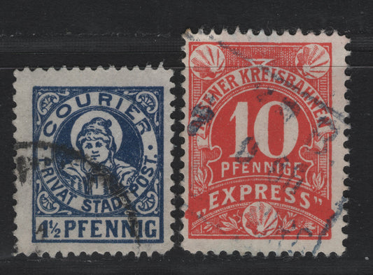 Lot 241 Germany - Munich - Alsner Kreisbahen (C) SC# 10pf - 4.5pf  , 1890-1896 Railway Express & Courier Local Post Issues , 2 Fine Used Singles, The 10pf Was Issued By The Railway To Pay Transportation Costs Aboard the Train