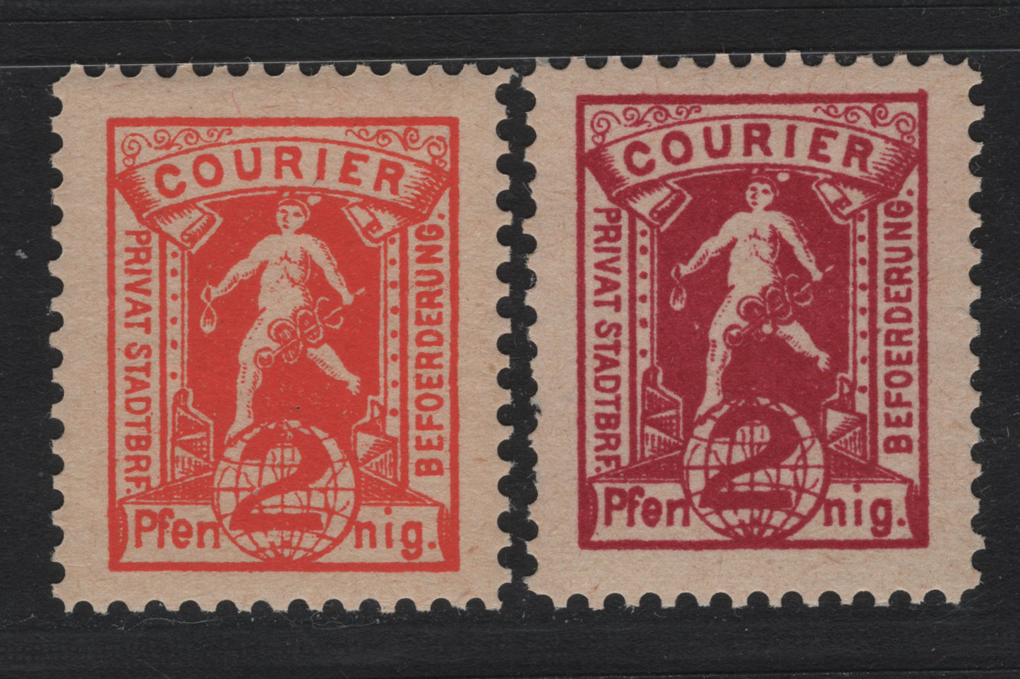 Lot 243 Germany - Magdeburg (C) Michel#7Aab, 7Bab 2pf Vermillion & Lake , 1887 Private City Letter Courier Issue, 2 F/VFNH Singles