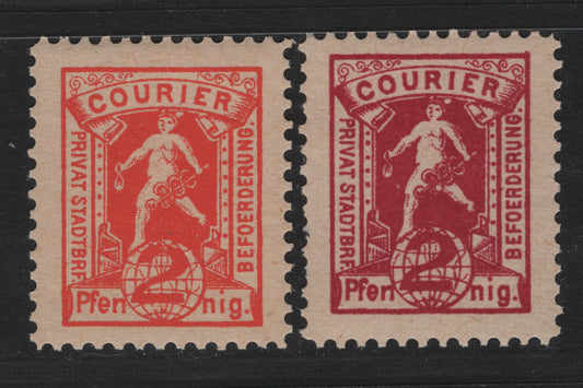 Lot 243 Germany - Magdeburg (C) Michel#7Aab, 7Bab 2pf Vermillion & Lake , 1887 Private City Letter Courier Issue, 2 F/VFNH Singles