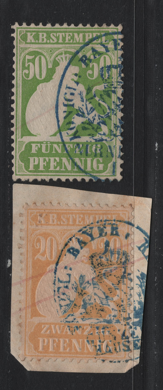 Lot 244 Germany - Bavaria (C) SC# 20pf - 50pf Dull Yellow & Yellow Green , 1874-1875 Embossed Revenue Stamp Issue, 2 Very Fine Used Singles, These Stamps Have The Same Wavy Lines Wmk as the 1874-1875 Stamp Issue, The 20pf Is On Piece