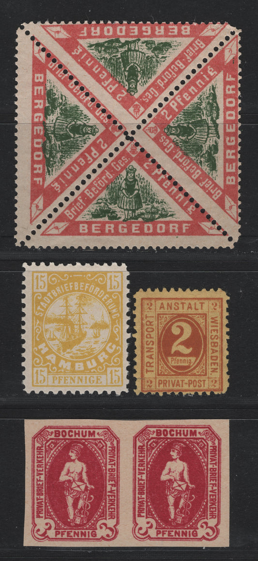 Lot 245 Germany - Weisbaden, Bergedorf, Bochum & Hamburg (C) SC#   , 1886-1896 , 4 Fine/Very Fine Unused Single, Pair & Block Of 4, The Block of 4 Triangulars Is Likely A Reprint, All Without Gum