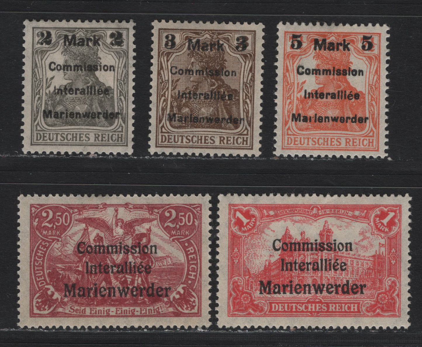 Lot 247 Marienwerder (C) SC#33-36, 39 2m on 2.5pf -2.5m Gray - Lilac Rose , 1920 Plebiscite Overprinted Issue, 5 VFOG Singles