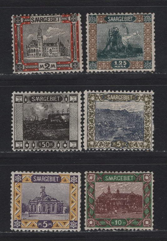 Lot 251 Saar (C) SC#68, 74, 78-79, 81-82 5pf - 10m Olive Green & Violet - Green & Red Brown , 1921 Pictorial Issue, 6 F/VFOG Singles