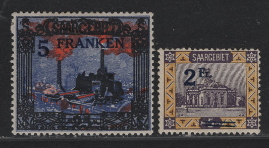 Lot 253 Saar (C) SC#96, 98 (81AI, 83) 2fr on 5m - 5fr on 25m Yellow & Violet - Ultramarine, Red & Black , 1921 Surcharged (Currency Reduction) Issue, 2 FOG Singles, 5fr Has A Small Hinge Thin