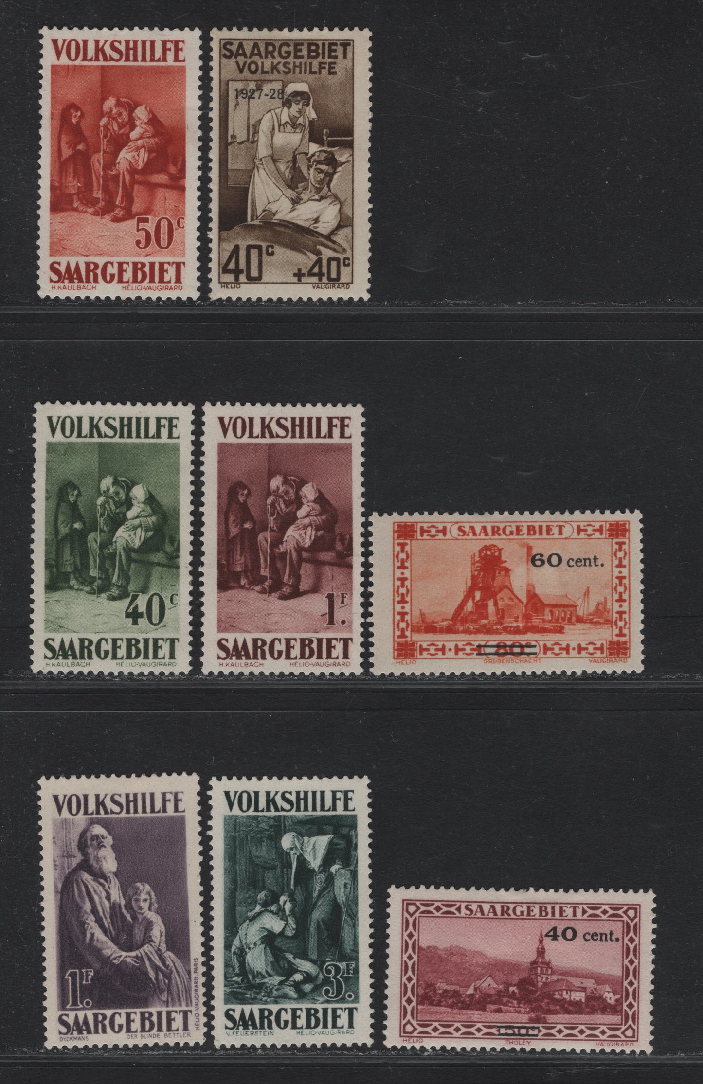 Lot 255 Saar (C) SC#136-137, B6, B11, B16-B18, B21 40c on 50c - 3fr+2fr Magenta - Slate Green , 1929-1934 Semi Postal - Surcharged Issues, 8 F/VFOG Singles, Shallow Hinge Thin On B16, B21
