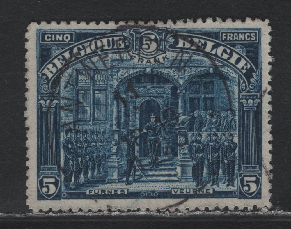 Lot 257 Belgium (C) SC#121 5fr Deep Blue , 1915-1920 King Alvert I At Furnes Pictorial Issue, A Very Fine Used Single, SON 1932 Antwerp Cancel
