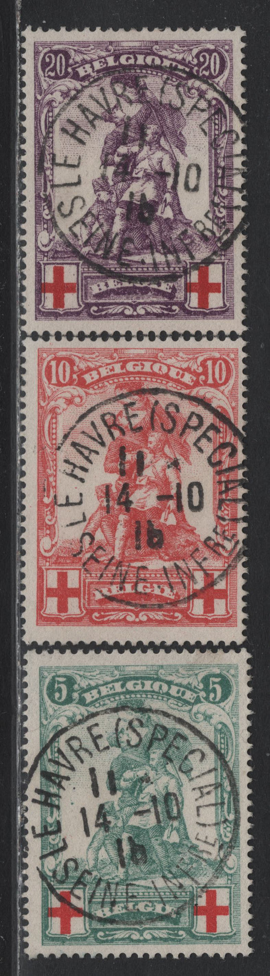 Lot 259 Belgium (C) SC#B28-B30 5c - 20c Green & Red - Violet & Red , 1914 Semi Postal Issue, 3 Fine/Very Fine Used Singles, Genuine Examples Showing The Tail On Q Of elgique, SON October 14 1914 CDS Cancel