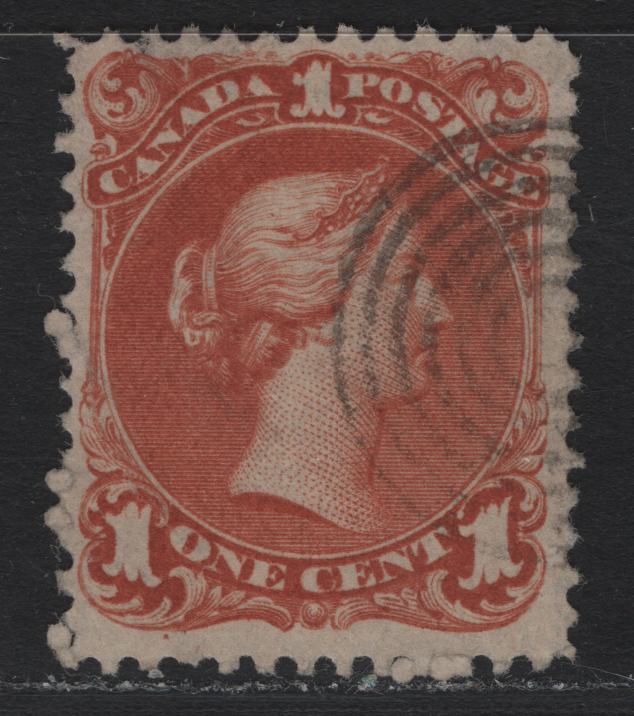 Lot 29 Canada #22a 1c Brown Red , 1868-1876 Large Queen Issue, A Very Good Used Single, Watermarked Bothwell Paper (FO-V), Perf 12x11.9, Showing 'OT' of Bothwell & Last Part of the A of Clutha.