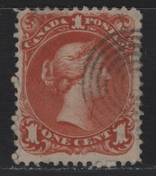 Lot 29 Canada #22a 1c Brown Red , 1868-1876 Large Queen Issue, A Very Good Used Single, Watermarked Bothwell Paper (FO-V), Perf 12x11.9, Showing 'OT' of Bothwell & Last Part of the A of Clutha.