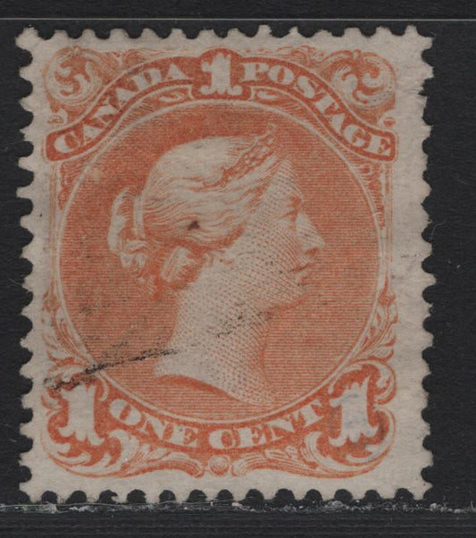 Lot 30 Canada #23 1c Yellow Orange , 1868-1876 Large Queen Issue, A Fine Used Single, FO-O Paper (Duckworth #10), Perf 12