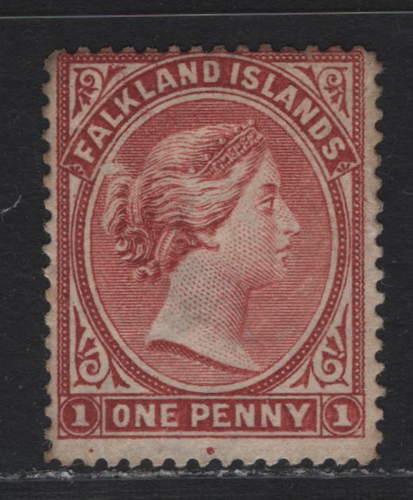 Lot 3 Falkland Islands SG#5 1d Dull Claret , 1882 Queen Victoria Sideface Issue, A Good OG Single, Bradbury Wilkinson Printing, Crown Ca Wmk, Perf 14, 14.5, Showing Constant Dots Under Left 1 & PE of 'Penny'.