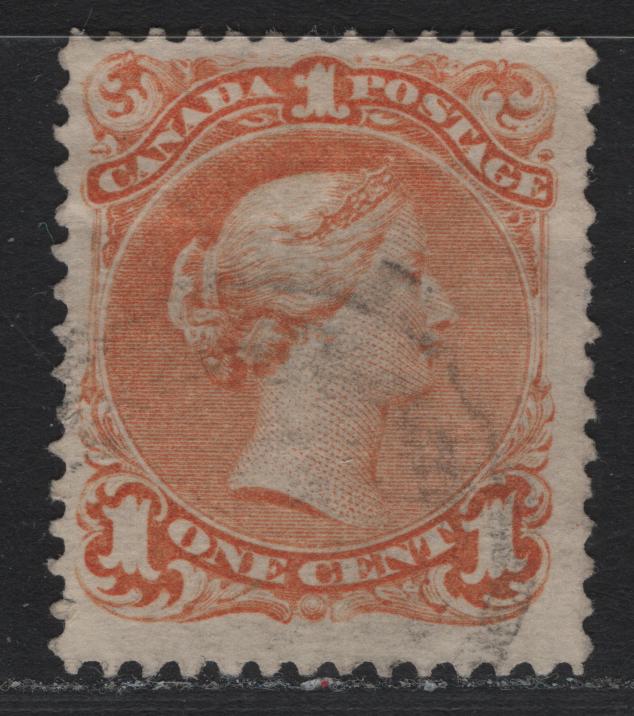Lot 31 Canada #23 1c Yellow Orange , 1868-1876 Large Queen Issue, A Very Good Used Single, FO-M Paper (Duckworth 4), Small Corner Crease At LR & Horizontal Crease At Queen's Hair Level, Tiny Margin Split Under Right 1.
