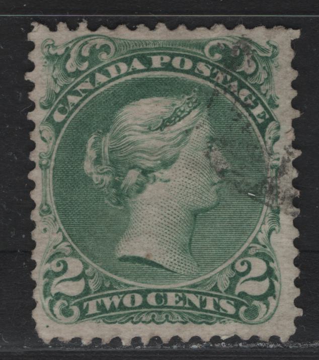 Lot 33 Canada #24i 2c Emerald Green , 1868-1876 Large Queen Issue, A Good Used Single, FO-FG Paper (Variant Duckworth Paper 10), Perf 12, Two Tiny Corner Creases & Very Small Pencil Point Thin.