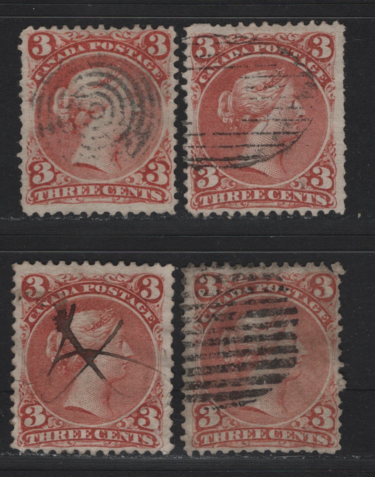 Lot 36 Canada #25 3c Dull Copper Red - Copper Red , 1868-1876 Large Queen Issue, 4 Good/Very Good Used Singles, FO-Z, FO-M, FO-O & FO-T Papers, Perfs 12, 12x12.1 & 12.1x12