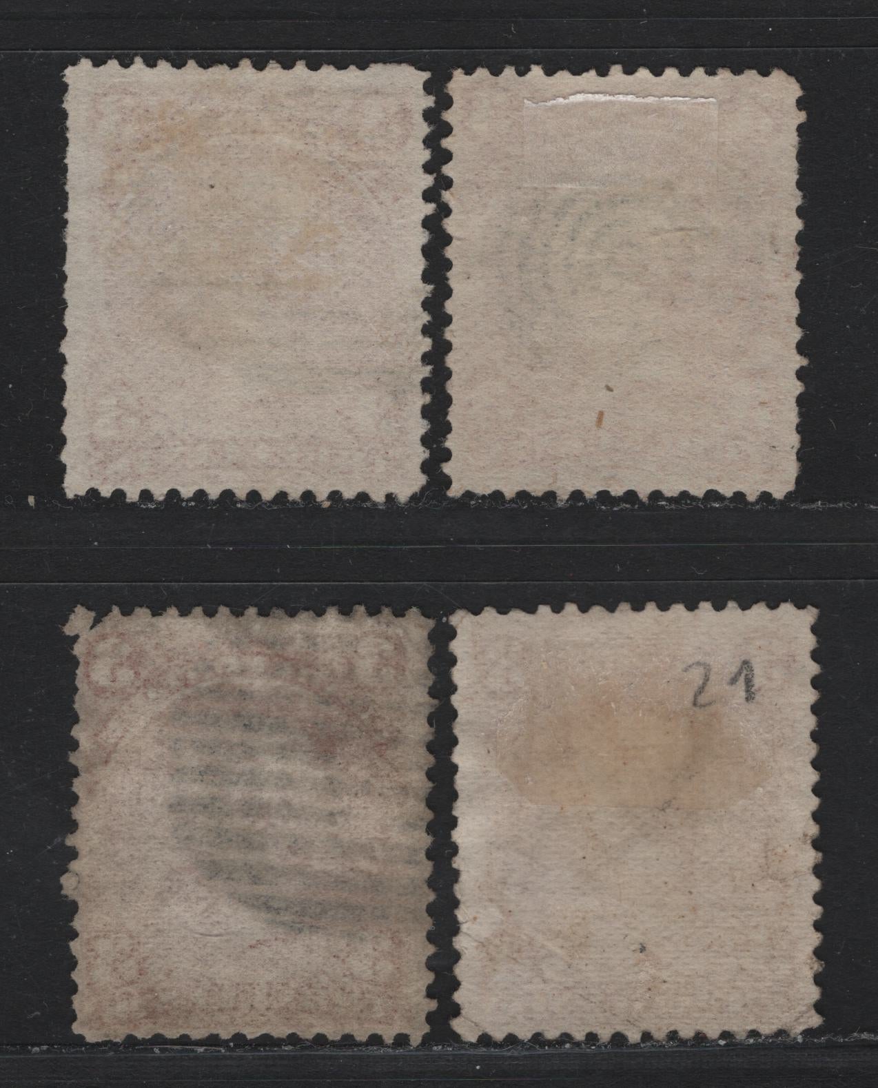 Lot 36 Canada #25 3c Dull Copper Red - Copper Red , 1868-1876 Large Queen Issue, 4 Good/Very Good Used Singles, FO-Z, FO-M, FO-O & FO-T Papers, Perfs 12, 12x12.1 & 12.1x12