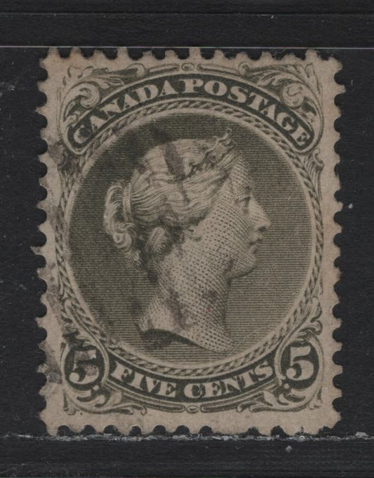 Lot 37 Canada #26iv 5c Olive Green , 1868-1876 Large Queen Issue, A Very Fine Used Single, MM-Y Paper, Perf 11.9x12.15