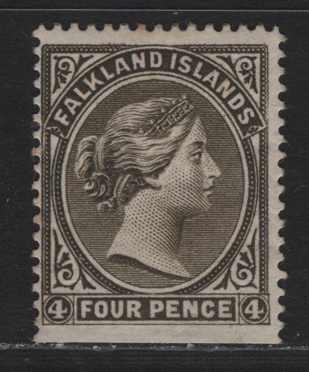 Lot 4 Falkland Islands SG#9w 4d Pale Gray Black , 1882 Queen Victoria Sideface Issue, A FOG Bottom Sheet Margin Single, Crown CA Sideways Wmk, Crown to Right Of CA, Small Spot Of Toned Gum