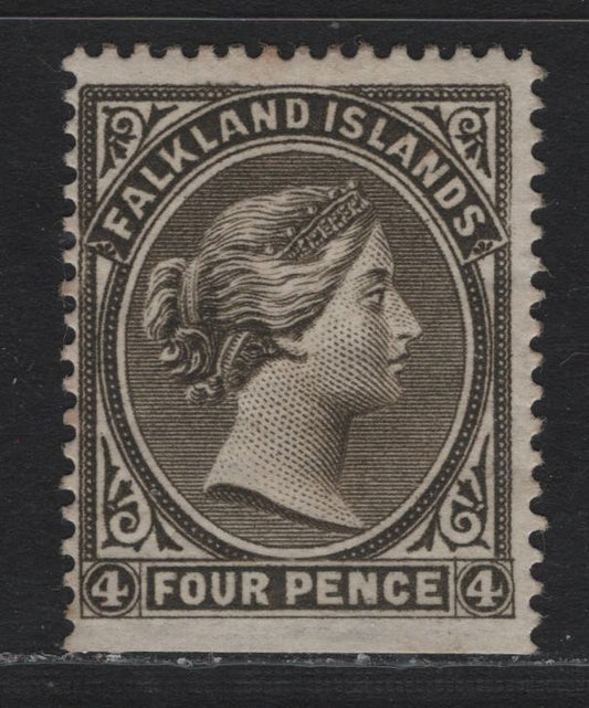 Lot 4 Falkland Islands SG#9w 4d Pale Gray Black , 1882 Queen Victoria Sideface Issue, A FOG Bottom Sheet Margin Single, Crown CA Sideways Wmk, Crown to Right Of CA, Small Spot Of Toned Gum