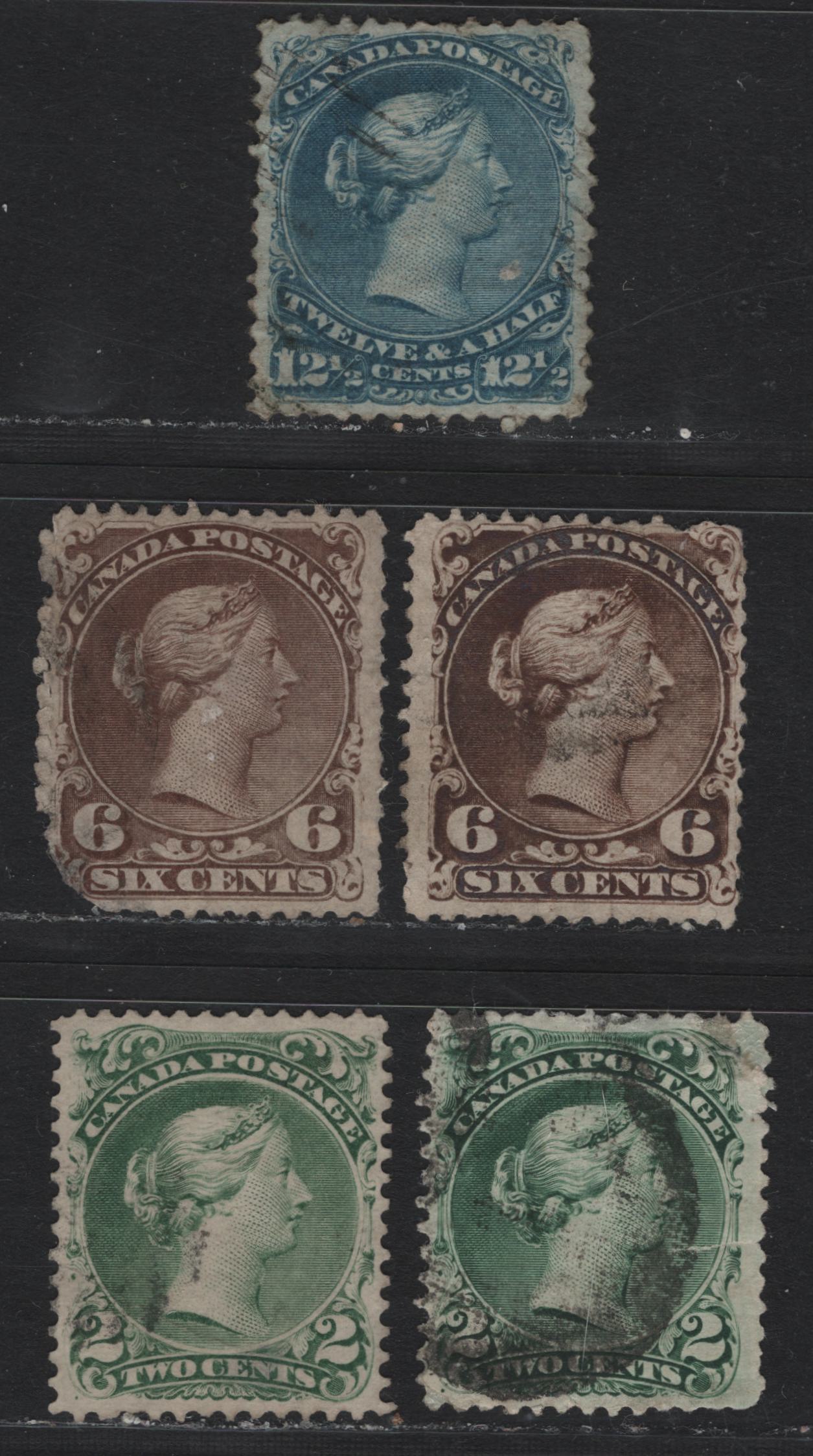 Lot 41 Canada #24i,ii, 27f,v, 28 2c - 6c Blue Green - Blue , 1868-1876 Large Queen Issue, 5 Ungraded Used Singles, Various Papers, Unidentified, All With Small To Sever Faults, Such As Creases & Tears.