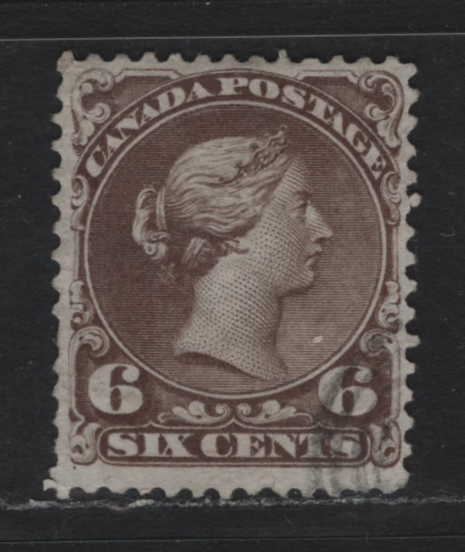 Lot 43 Canada #27c 6c Dark Brown , 1868-1876 Large Queen Issue, A Very Good Used Single, FO-S Paper (Duckworth 2), Tiny Tear In Margin Below 'N' of Cents