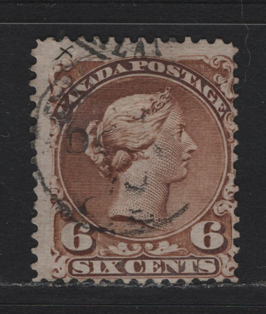 Lot 44 Canada #27a 6c Yellow Brown , 1868-1876 Large Queen Issue, A Good Used Single, FO-D Paper, Perf 12x11.9, Small Corner Crease At UL.