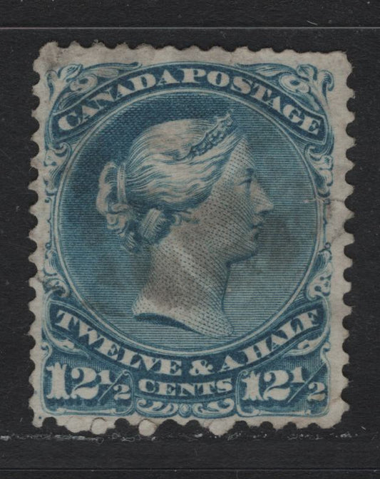 Lot 47 Canada #28b 12.5c Blue , 1868-1876 Large Queen Issue, A Good Used Single, FO-U Paper (Duckworth 2), Perf 11.9x12, Small Corner Crease At LR & Two Small Tears.