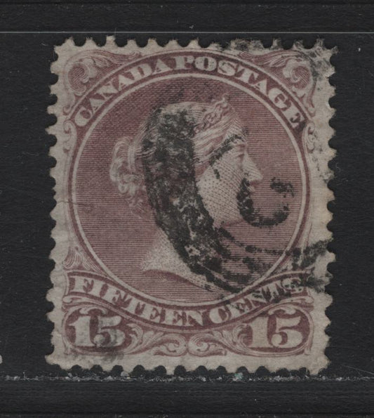 Lot 50 Canada #29b 15c Red Lilac , 1868-1876 Large Queen Issue, A Very Good Used Single, FO-S Paper (Duckworth 2), Perf 12x12.1 & 12, A Couple of Small Wrinkles.