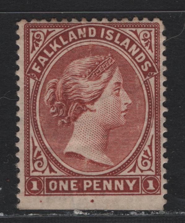 Lot 5 Falkland Islands SG#11 1d Red-Brown , 1882 Queen Victoria Sideface Issue, A FOG Bottom Sheet Margin Single, Showing Constant Dots Under Left 1 & 'PE' of Penny, Straight Edge Identifies This As A Pre Sept 1891 Printings
