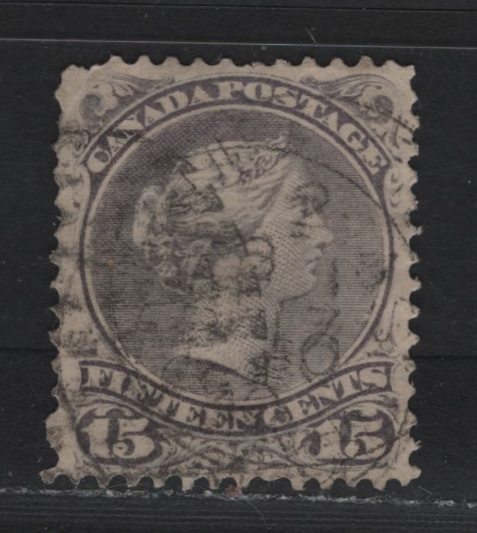 Lot 55 Canada #29a 15c Purplish Gray , 1868-1876 Large Queen Issue, A Good Used Single, Mid Montreal Printing, Perf 11.75x12.1, Paper MM-I, Small Corner Crease At UL.