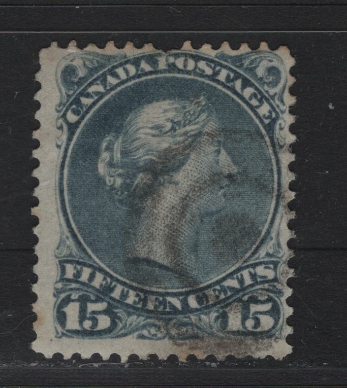 Lot 56A Canada #30b 15c Slate Blue , 1868-1876 Large Queen Issue, A Very Good Used Single, Late Montreal Printing, LM-O Paper, Perf 12.1, Position Dot Under LL Scroll.