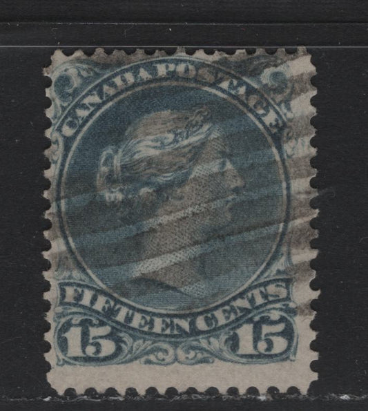Lot 58 Canada #30b 15c Slate Blue , 1868-1876 Large Queen Issue, A Very Good Used Single, Late Montreal Printing, LM-O Paper, Pos. Dot Under LL Scroll, Perf 12.2.
