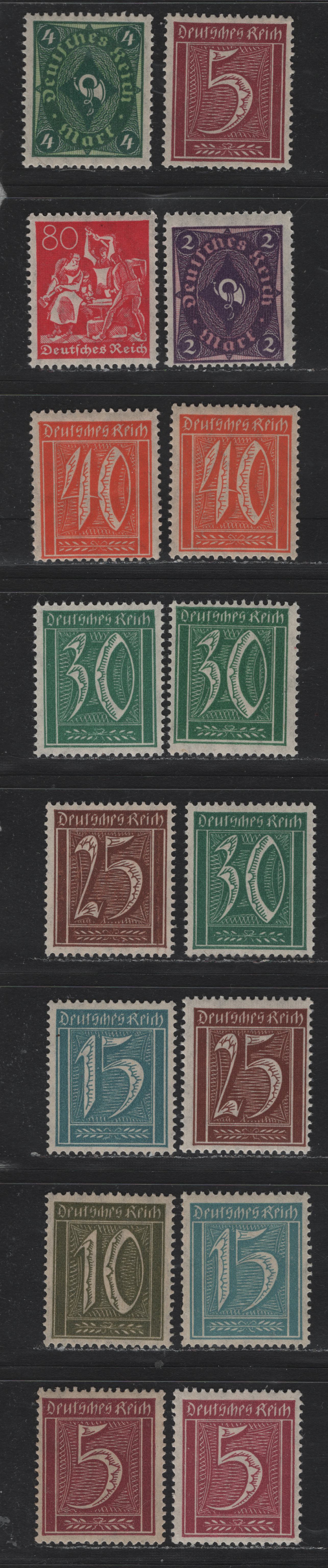 Lot 59 Germany SC#137/152 (Michel# 158/172) 5pf - 4m Claret - Deep Green & Yellow Green , 1921 Numeral, Farmers, Iron Workers & Miners Issue, 16 F/VFNH Singles, Lozenges Wmk, Includes Unlisted Shades