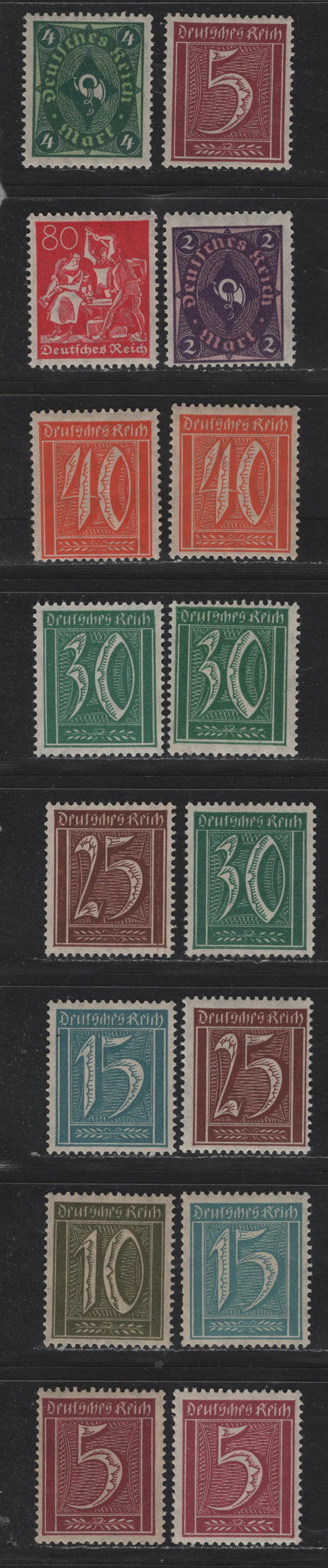 Lot 59 Germany SC#137/152 (Michel# 158/172) 5pf - 4m Claret - Deep Green & Yellow Green , 1921 Numeral, Farmers, Iron Workers & Miners Issue, 16 F/VFNH Singles, Lozenges Wmk, Includes Unlisted Shades