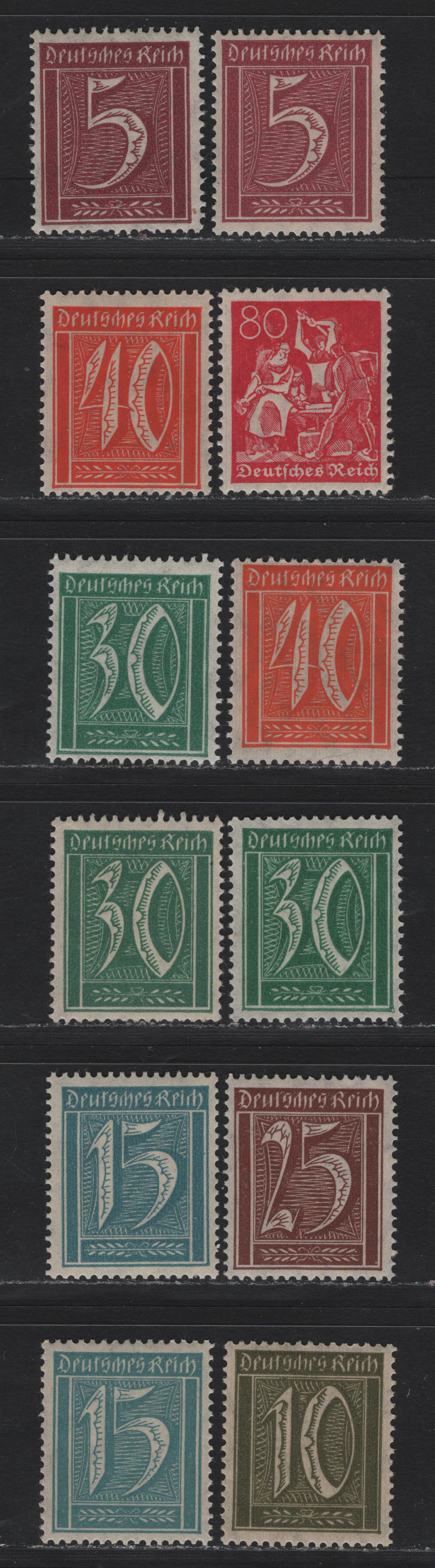 Lot 60 Germany SC#0.944827586206897 5pf - 50pf Claret - Carmine Rose , 1921 Numeral, Farmers, Iron Workers & Miners Issue, 12 F/VFNH Singles, Lozenges Wmk, Different Shade Varieties